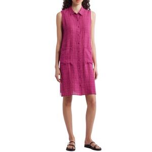 Eileen Fisher Plaid Sleeveless Organic Linen Button Front Shift Dress Small